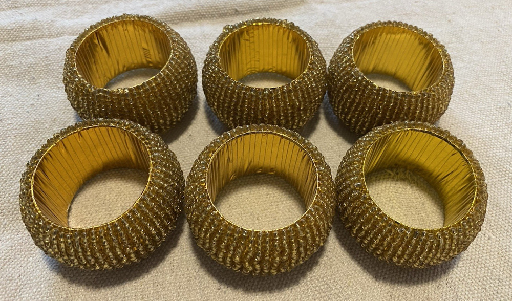Set of 6 Newton Studio Handmade Gold Tone Beaded Napkin Rings 1.5" Tallx 2" Wide